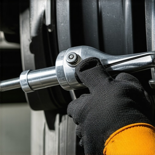 Mechanic using a digital torque wrench on car suspension
