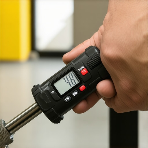 A digital torque wrench tightening a suspension bolt to factory specifications.
