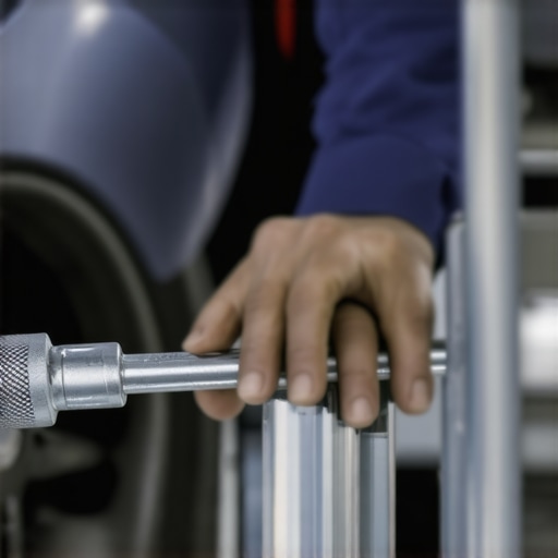 Mechanic using a torque wrench on a car wheel to prevent brake rotor warping
