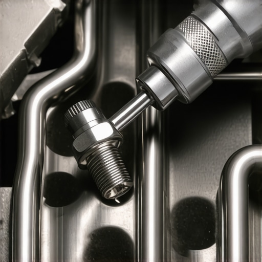 Close up of a mechanic using a torque wrench on an engine spark plug.