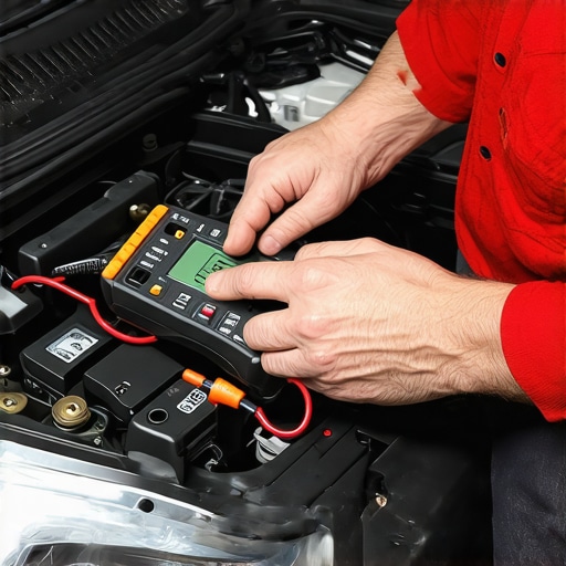 Mechanic testing car sensors with a multimeter to ensure proper engine tune-up