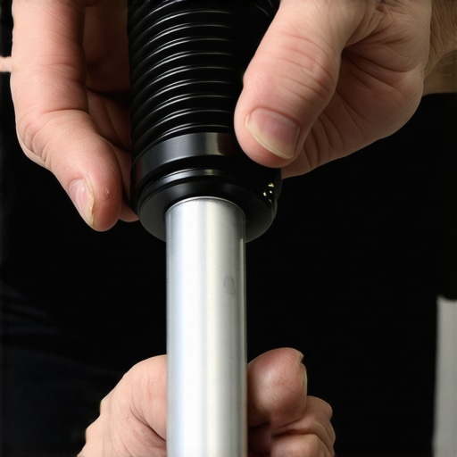 Close up of hands priming a car shock absorber by compressing it vertically.