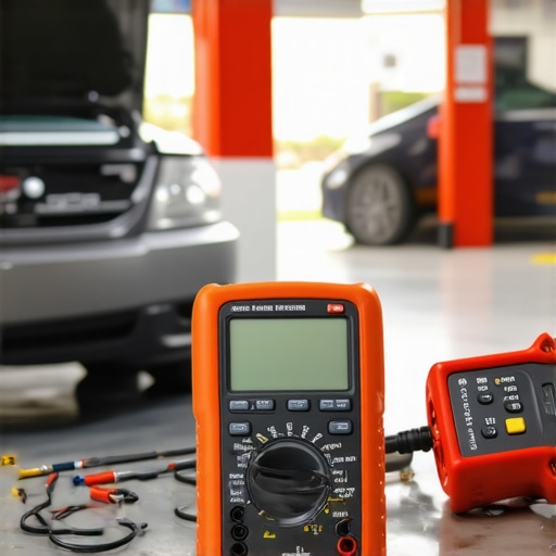 A digital multimeter and OBD-II scanner on a workbench for car diagnostics.