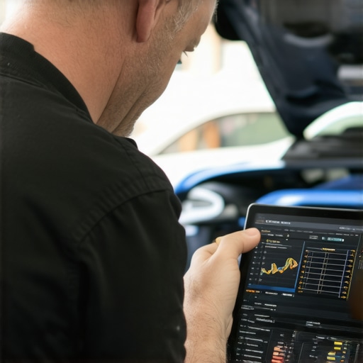Professional Battery Registration via OBD-II A mechanic registering a new car battery using a diagnostic tool.