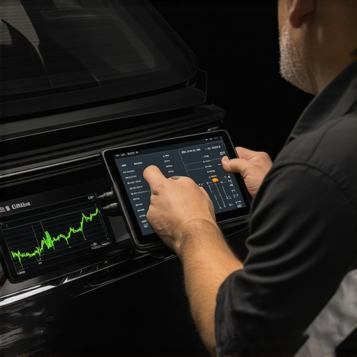 Professional Bi-Directional Diagnostic Scan Tool Technician using a tablet-based scanner to check car computer live data.