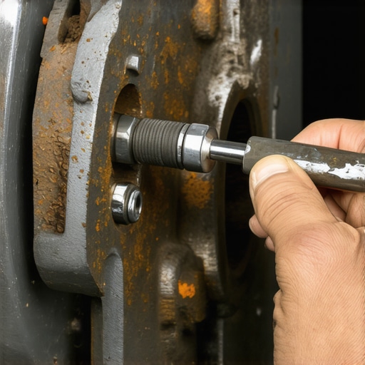 Mechanic applying silicone grease to a brake caliper slide pin to prevent seizing.