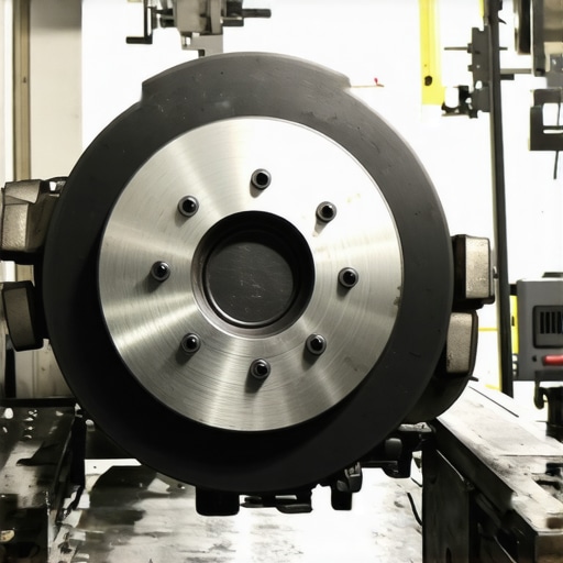 Close-up of new brake pads being fitted to a metallic rotor in a garage.