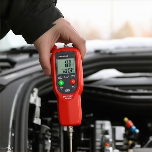 A technician checking for water contamination in a car's brake fluid reservoir.