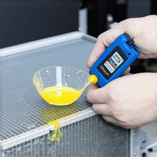 A technician using a chemical block tester to detect exhaust gases in a car cooling system.