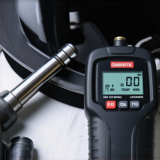 Professional DIY Auto Repair Tools A digital torque wrench and diagnostic scanner on a workbench used for car service.