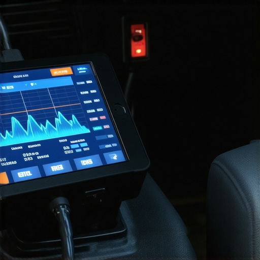 A mechanic using a digital diagnostic scanner to monitor engine health and oil consumption data.