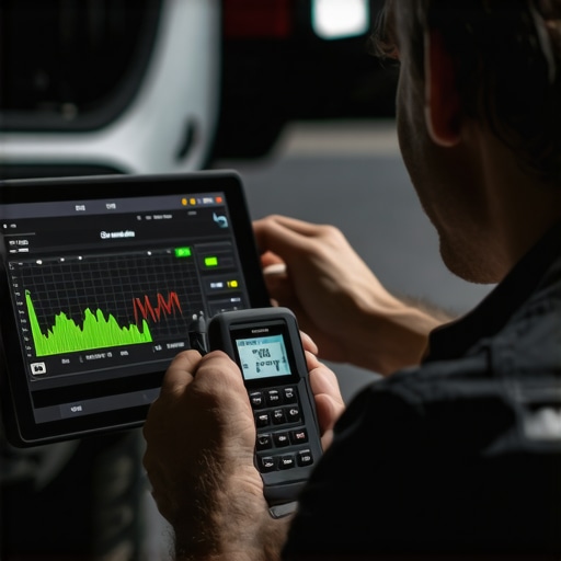 A close up of an automotive technician using a bidirectional scan tool to diagnose engine performance issues.