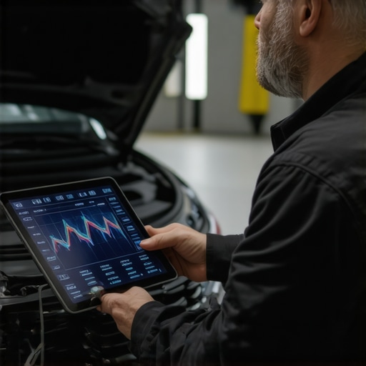 Professional Diagnostic Tools for Car Vibrations Mechanic using a diagnostic scanner to find the cause of car shaking during acceleration