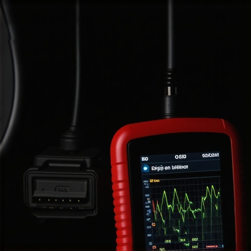 Professional Engine Diagnostics and Data Analysis Close-up of an OBD-II scanner displaying real-time engine performance data in a garage.