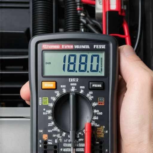 A mechanic using a digital multimeter to check for parasitic battery drain in a car's engine fuse box.