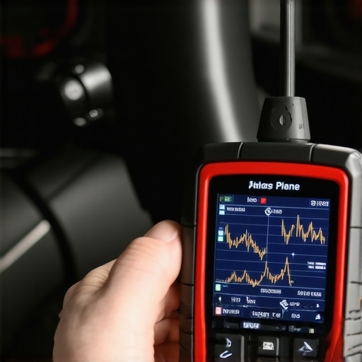 Professional OBD-II Diagnostic Scanner in Use Close up of a car diagnostic tool showing engine data logs.