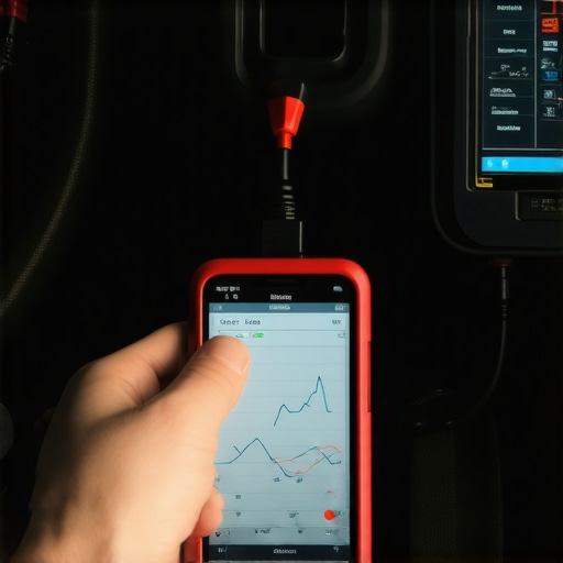 Mechanic using a bidirectional OBD-II scanner to view live engine data on a smartphone