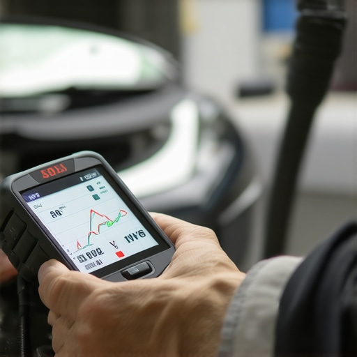 Technician using a handheld diagnostic tool to test car battery and electrical system