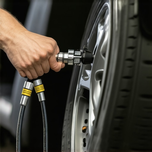 A mechanic using a pressure bleeder tool to flush brake fluid from a master cylinder