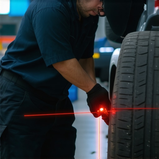 A mechanic balancing a car tire using a specialized road force machine to fix highway vibrations.