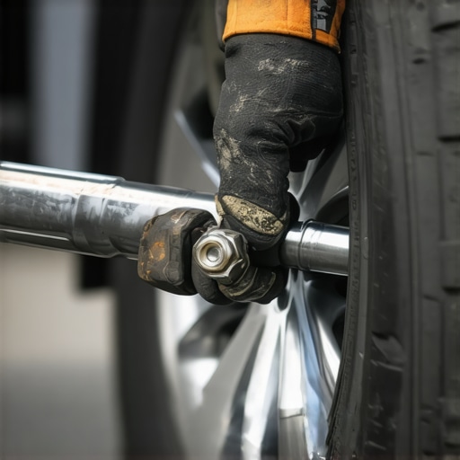 Professional Split-Beam Torque Wrench in Action A technician using a precision split-beam torque wrench to tighten lug nuts on a vehicle wheel.