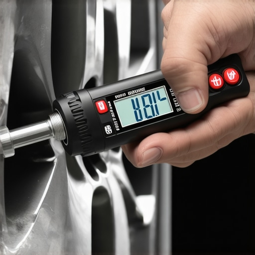 A mechanic using a digital torque wrench to ensure proper wheel nut tightness to prevent rotor warping.