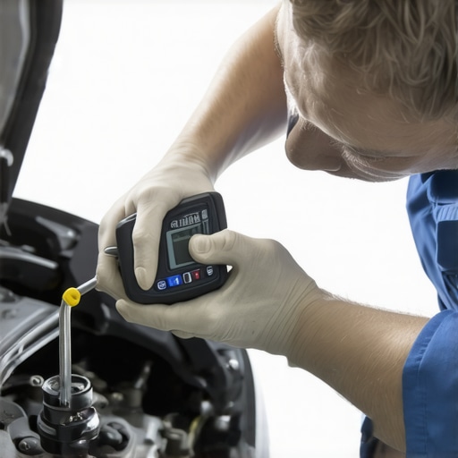 Mechanic checking brake fluid with a digital tester to prevent internal system corrosion.