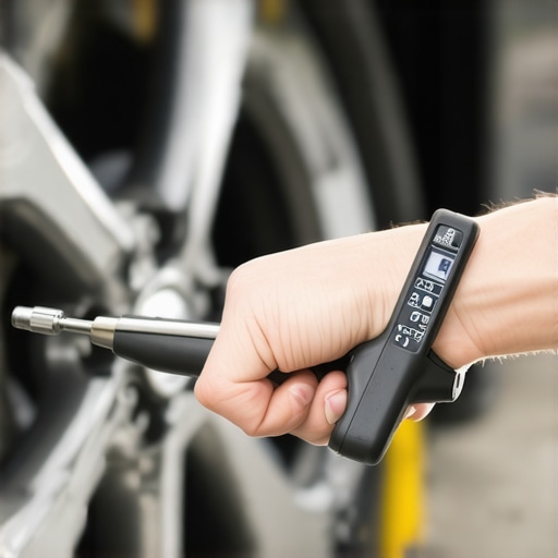 A mechanic using a digital torque wrench to ensure even pressure on a car wheel and brake rotor.