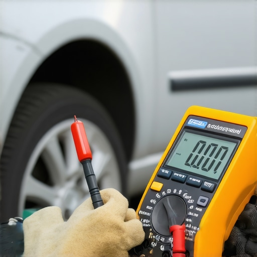 A mechanic testing the electrical ground connection on a car engine to find high resistance.