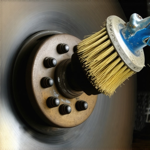 A technician using a wire brush to clean rust off a wheel hub to prevent brake runout.