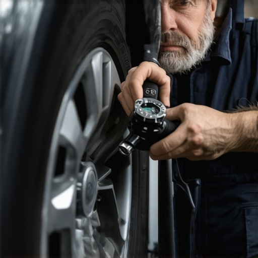 Mechanic using a torque wrench to tighten wheel lug nuts correctly