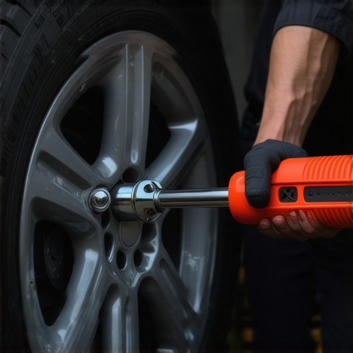 Mechanic correctly torquing wheel lug nuts with a torque wrench to prevent rotor issues.