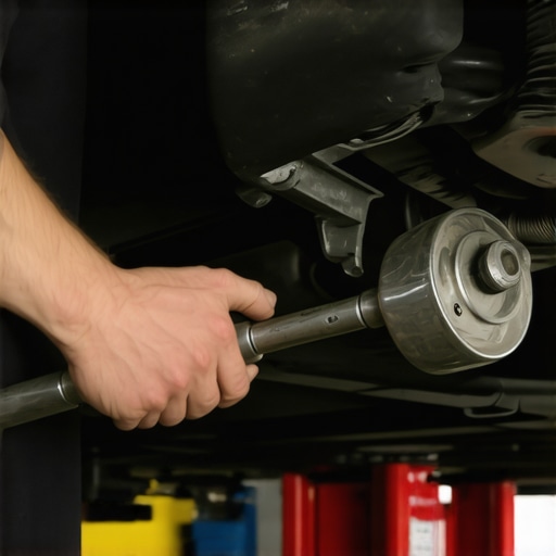 Mechanic torquing car suspension components while under load to prevent bushing damage.
