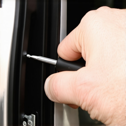 Step-by-step visual of using a screwdriver to manually open a stuck car door latch mechanism.