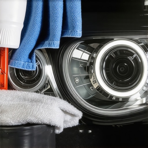 Close up of a car headlight being restored with toothpaste and a microfiber cloth showing a clear results