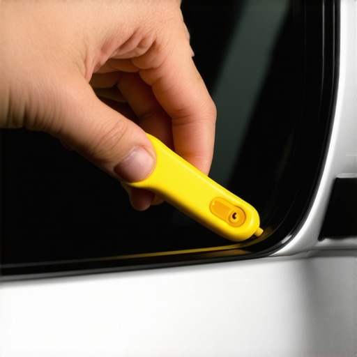 A plastic trim tool being used to pop the side mirror glass off a car housing without breaking it.