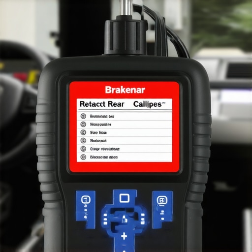 Professional mechanic using a bi-directional scan tool to service a modern rear brake system.