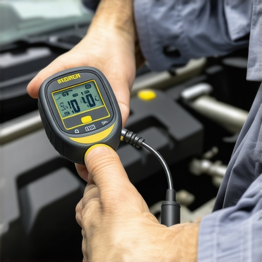 Testing Brake Fluid for Moisture Content A mechanic using a digital tester to measure water percentage in brake fluid reservoir.