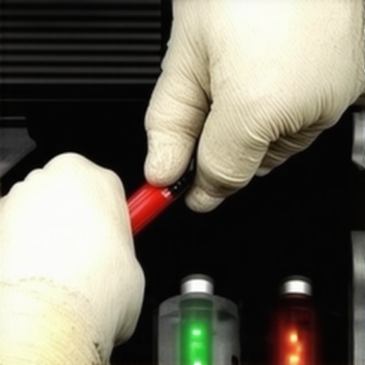 A technician using a digital tester to check the quality of brake fluid in a vehicle reservoir.