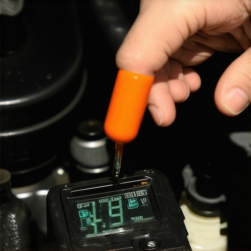 A technician using a digital tester to check the health of brake fluid in a vehicle's reservoir.