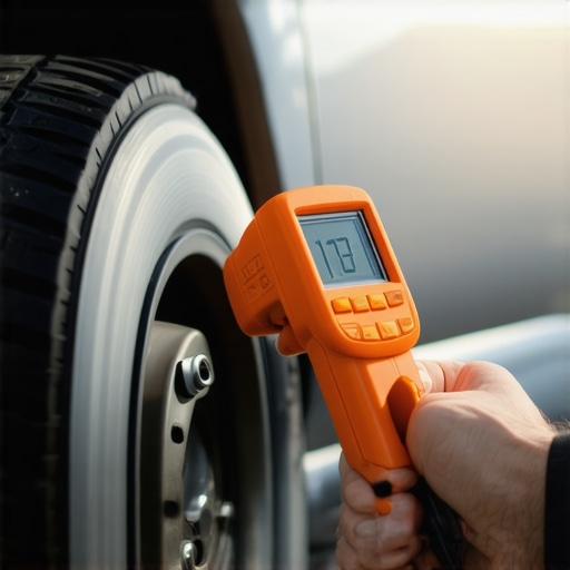 Testing Brake Rotor Temperature for Imbalance Infrared thermometer measuring heat on a car brake rotor to diagnose pulling issues.