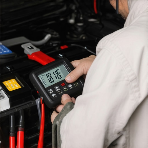 A technician using a multimeter to check if a car battery is overcharging.