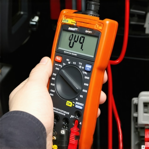 Close up of digital multimeter testing a car battery for diagnostic purposes