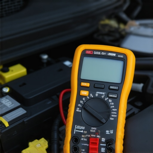 A person using a digital multimeter to check the voltage of a car battery as part of a routine maintenance check.