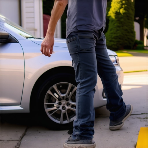 A car owner performing a bumper bounce test to check for worn shocks and struts.