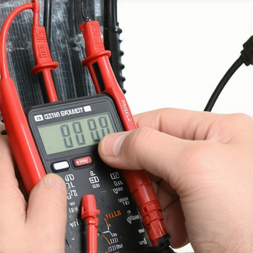 A mechanic using a multimeter to check for stray voltage in car coolant to prevent engine corrosion.