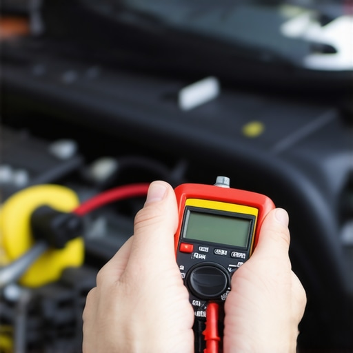 A professional multimeter measuring voltage in a car's cooling system to prevent head gasket failure.