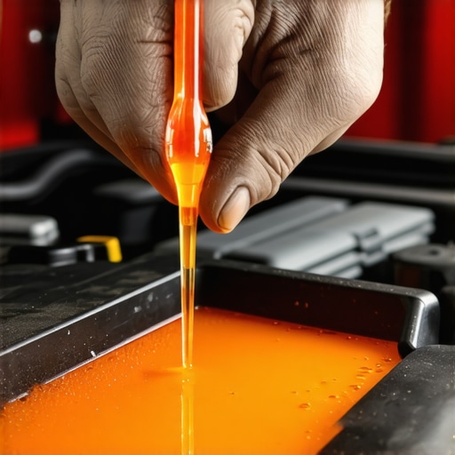 A mechanic testing the concentration and health of orange engine coolant using a professional hydrometer.