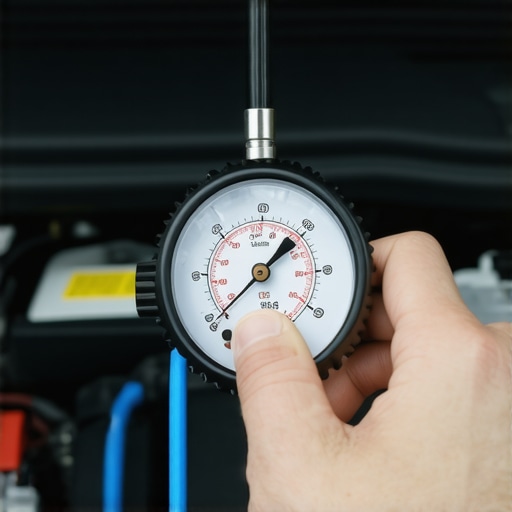 Testing Engine Health with a Vacuum Gauge A mechanic using a vacuum gauge to diagnose engine health and potential vacuum leaks.