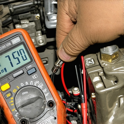 Close-up of a DIY mechanic using a multimeter to check the electrical resistance of a transmission solenoid.